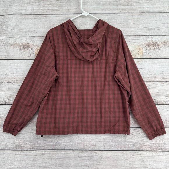 prAna Snap Down Hooded Long Sleeve Shirt‎ Women's Size M Red/Brown Checkered - Picture 2 of 13